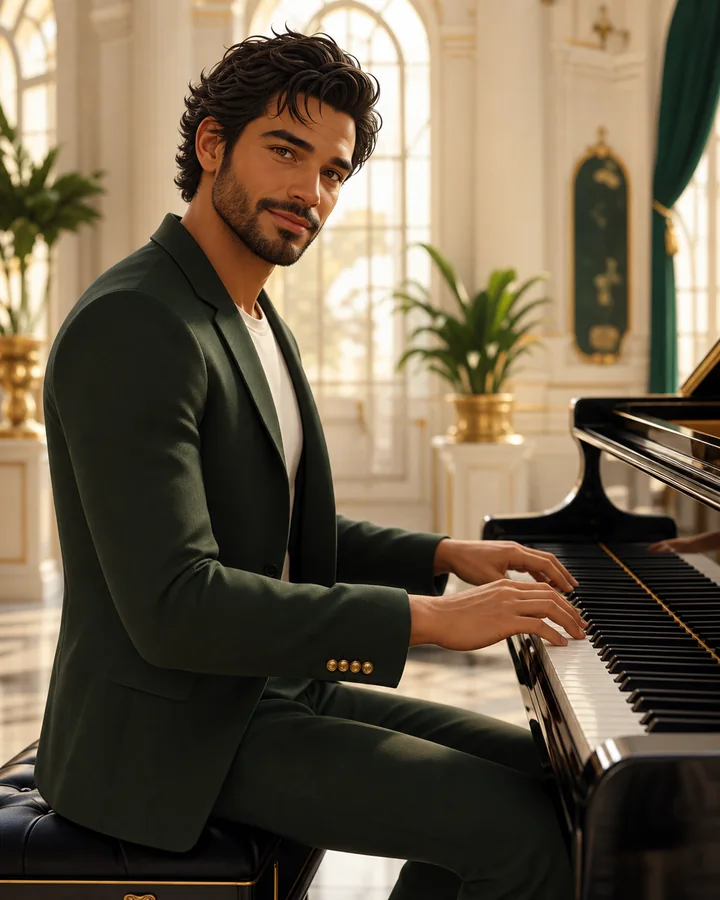 Personagem 3D: adulto tocando piano
