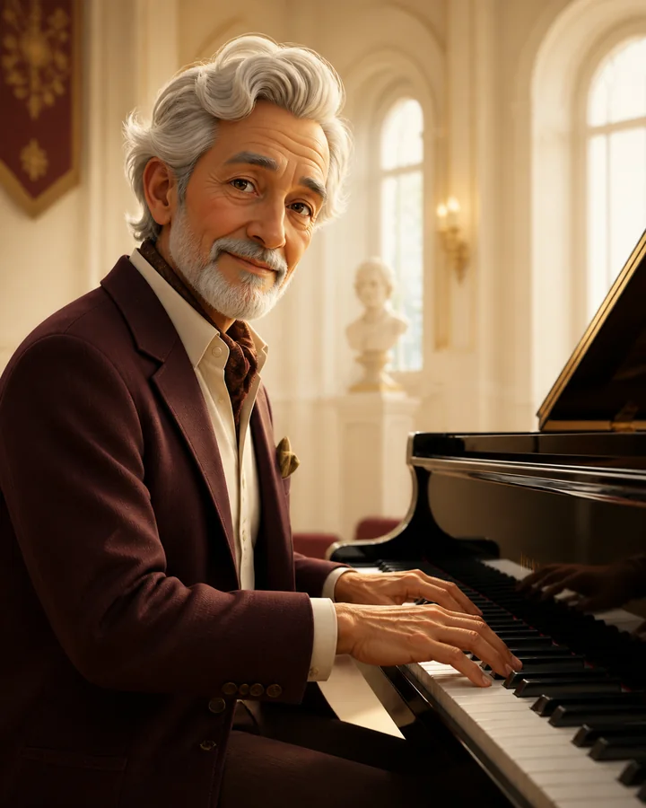 Personagem 3D: pianista sênior tocando